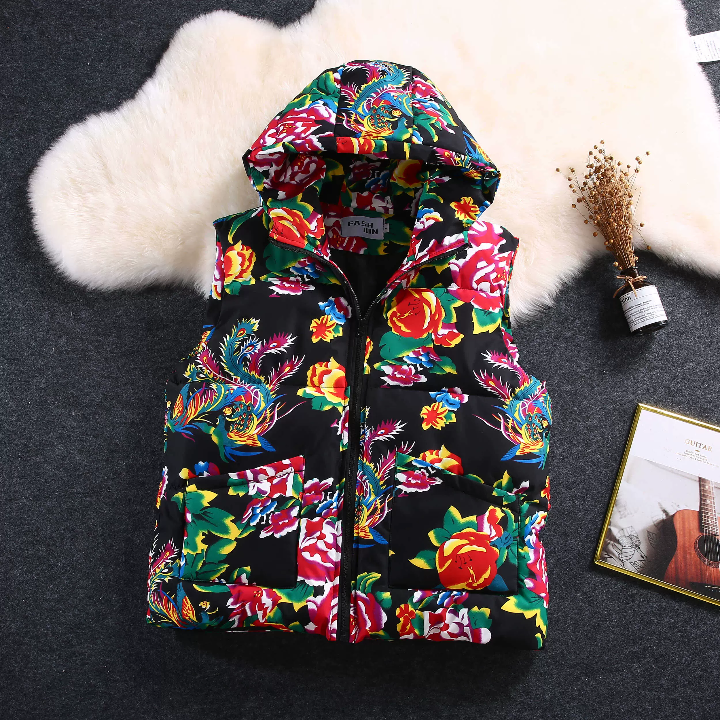 东北农村大花布衣服男款加厚国潮棉袄子二人转演出服连帽马甲外套