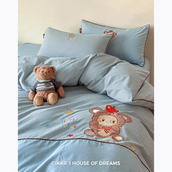 Current Collection: All-Cotton Patchwork Embroidered Four-Piece Set, Cartoon Plaid Yarn-Dyed Washed Cotton Bedding, Bed Sheet, Fitted Sheet