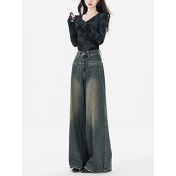 Abwear Original 2023 New Autumn And Winter Dark Blue Velvet Thickened Wide Leg Jeans Women's Loose Floor-mopping Pants