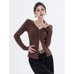 Abwear Original 2023 Autumn And Winter New V-neck Long-sleeved T-shirt Women's Niche Design Pleated Slit Slim Top