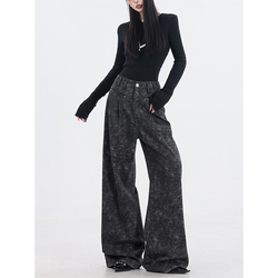Abwear Virtual Island-original Black Velvet Wide-leg Pants For Women, Autumn And Winter Jeans, Loose Straight Leg Mopping Pants