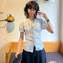 Fan Design Striped Puff Sleeve Shirt Summer New Korean Style Lace Collar Waist-Cinching Short-Sleeve Top Blouse