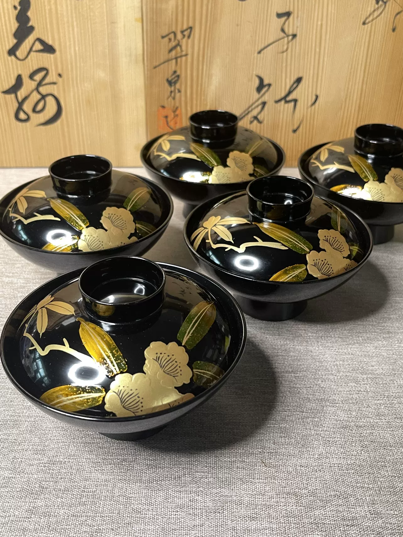 侍】煎茶道具『來』刻 禅語彫文 木地茶托 五客揃 箱