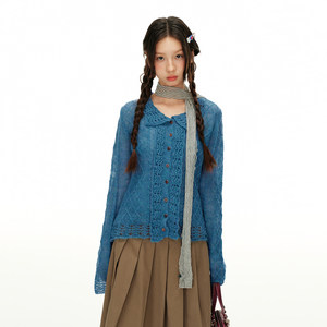 
Lsland Korean retro hollow knitted cardigan jacket for women in spring and autumn new design lapel sweater