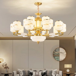 New Chinese-Style Living Room Chandelier, All-Copper Jade High-End Villa Duplex Large Chandelier, Chinese-Style Bedroom and Dining Room Lighting Fixtures