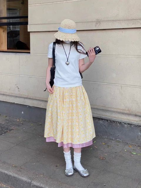 Correct version] French romantic niche yellow pink contrast color pleated skirt summer 2025 new umbrella skirt