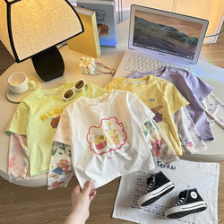 Summer Thin Sun Protection Clothing for Girls, Fake Two-Piece Long-Sleeved T-Shirt, Baby Girl Summer Outfit, Cartoon Cute Thin Cotton Top, Trendy T-Shirt