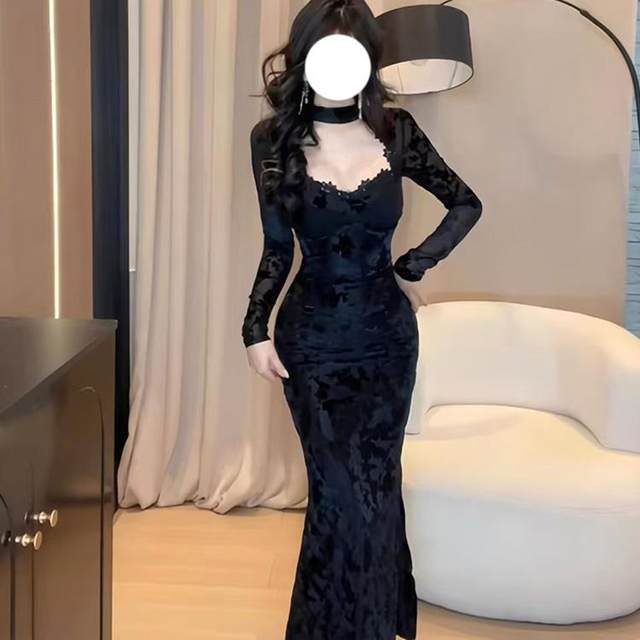 Temperament Hepburn style hip-covering long skirt autumn sexy waist-sized large size mm slim lace long-sleeved dress for women
