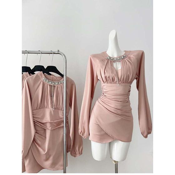 
Spring and Autumn High Waist Pleated Lantern Sleeve Crossover Dress Fashionable Plus Size Elegant Lady Satin Rhinestone Hollow Skirt