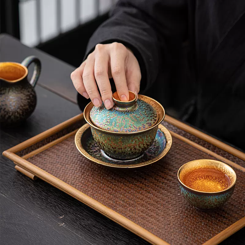 24k鎏金三才蓋碗家用純金茶碗建盞七彩曜變茶盞功夫茶具泡茶碗-Taobao