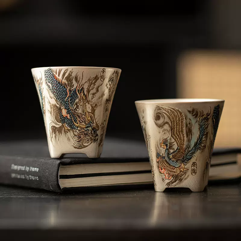 周鸿杰大师999纯银鎏银茶杯个人专用主人杯四圣兽茶具银上作画-Taobao 