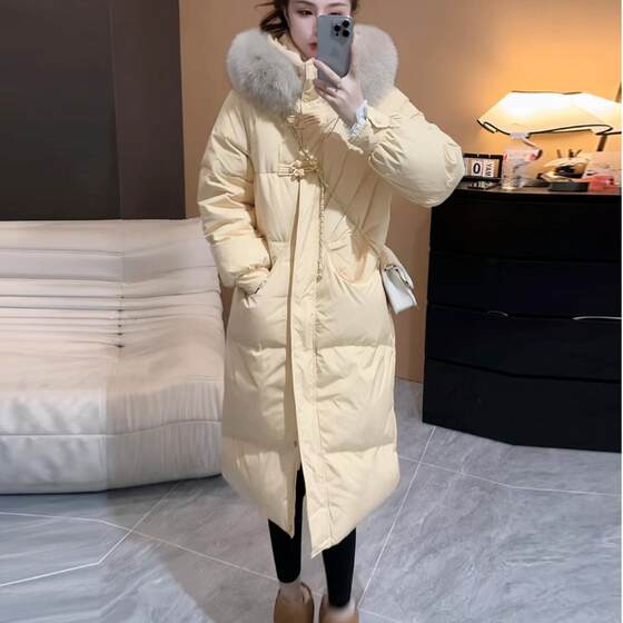 
Chinese Knot 2025 New Big Fur Collar Down Jacket Women's Winter Mid-Length Loose Over-the-Knee Thickened Cotton Jacket
