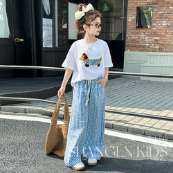 Girls' Summer Outfit Set Dachshund Short-Sleeved Trendy Children's Plaid Pants 2026 New Summer Stylish Clothes