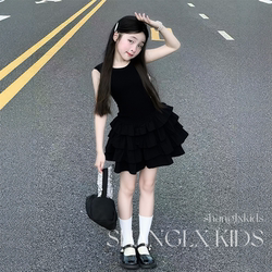 Girls' Skirt with a High-End Feel, Summer Korean Style Black Dress, Children's Girls' Tank Top Cake Dress, Summer 2025 New Model