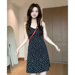 2026 New French-Style Black Floral Spaghetti Strap Dress for Women, Summer Petite Waist-Cinching Slimming Short Dress