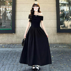 2026 New French Hepburn Style Off-Shoulder Black Dress for Women, Summer High-End Elegant Waist-Cinching Long Dress