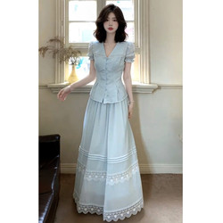 2026 New Style Petite Korean-Style High-End Blue Dress for Women, Spring and Summer Waist-Cinching Slimming Long Dress Set