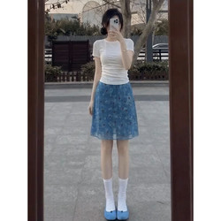 2026 New Early Summer White T-Shirt Paired with Blue Floral Skirt Korean Style Two-Piece Dress Set for Women