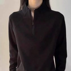 Black Half-Zip Thermal Base Layer Men's Sweatshirt for Autumn and Winter, Warm Regular Shoulder Sweatshirt, American-Style Heavyweight Long-Sleeve T-Shirt