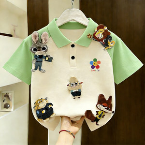 
Boys and girls Raglan Polo collar short-sleeved cotton T-shirt Crazy Animal Doll 3D Doll Lapel Baby Top