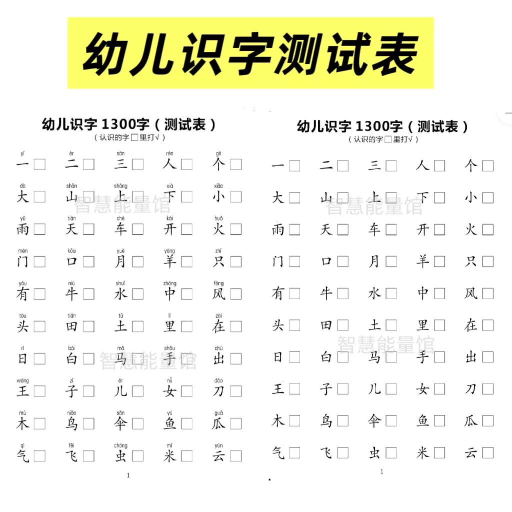 224幼儿识字测试1300字通关检测表电子版幼小衔接识字测试带