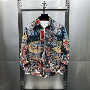 
American retro jacquard painted lapel shirt jacket autumn new men's trendy youth handsome casual jacket