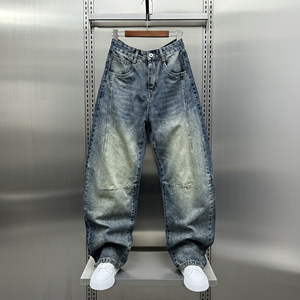 Trendy scimitar jeans men's 2024 autumn new Korean version loose retro old straight length floor pants
