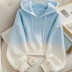 Pure Cotton Gradient Blue Lace-Up Hooded Sweatshirt 2026 Spring and Autumn New Niche Lazy Style Casual Jacket Top