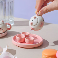 Simulated Mini Tea Set for Parent-Child Interaction, Ceramic Tea Set with Fun Emoji Cat Teapot, Pretend Play Children's Tea Set