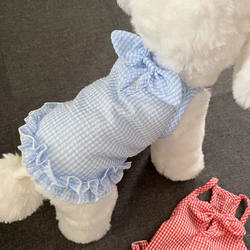Pet Dress Spring Thin Style Blue Plaid Bowknot Dog and Cat Clothing Bichon Teddy Dog Summer