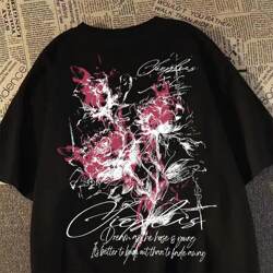 American High Street Fashion Brand Rose Print Pure Cotton Short-Sleeved T-Shirt for Men and Women, Summer Loose and Versatile Half-Sleeved Top
