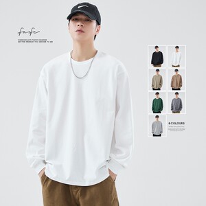 FAFC autumn heavy solid color long -sleeved T -shirt male white pure cotton loose round collar hits a bottomed shirt top jacket
