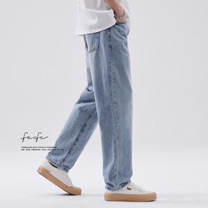 FAFC2024 Autumn Light Blue Washed Retro Micro-Conical Jeans Men's Loose Straight Wide Legs Casual Pants
