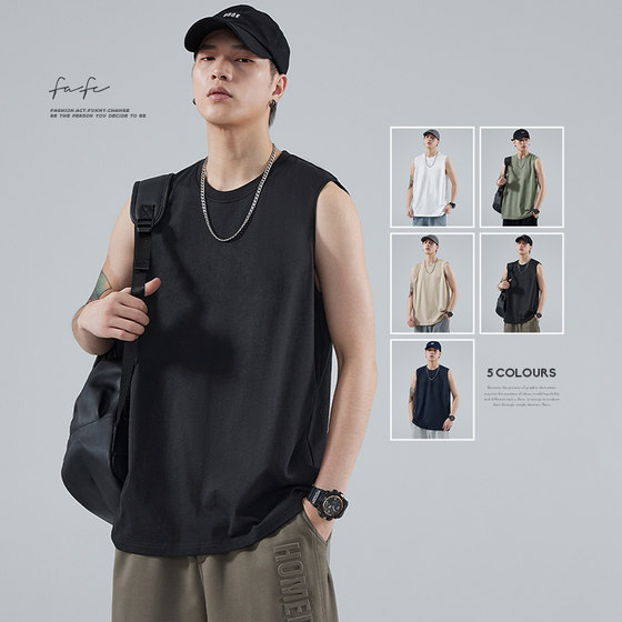 
FAFC summer pure cotton white sleeveless T-shirt vest trendy brand loose casual basketball sports cut-off vest men's style