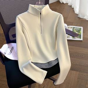 
2025 autumn and winter fashion women's sweatshirt contrast color design semi-zipper personality inner wear plus velvet outer long-sleeved base shirt