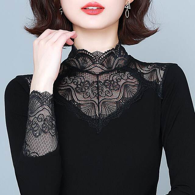 Lace bottoming shirt for women, fashionable and slim, black, versatile, mid-high collar, thin, spring, autumn and winter singles, long sleeves