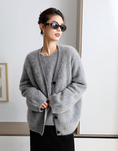 
3HLADY Precious and Warm Fur Feather Sense High-end Gray Conseni Cashmere Cardigan/Round Neck Pullover Sweater