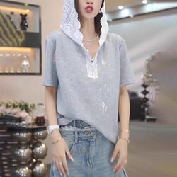 Plus Size Gray Hooded Design Short-Sleeved T-Shirt for Women 2026 New Lace Casual Fashion Age-Reducing Top