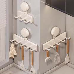 Cream-Colored Kitchen Suction Cup Hook, No-Drill Wall-Mounted Kitchen Storage Rack, Multifunctional Spatula and Spoon Organizer