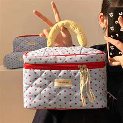 Japanese Makeup Bag, Large Capacity, Portable, Super Cute, Blue Heart-Shaped, Women's Partitioned Skincare Storage Bag for Travel