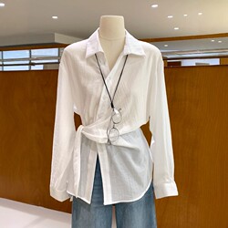 Close Your Eyes and Buy It Without Any Hesitation! White Tie-Waist Shirt for Women, Spring and Summer Design, Slim Fit, Long-Sleeved Top