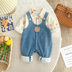 Baby Clothes, Boy's Romper, Spring and Autumn Style, Soft Denim Outerwear, Suspender Fake Two-Piece Spring Outfit, Full Moon Romper