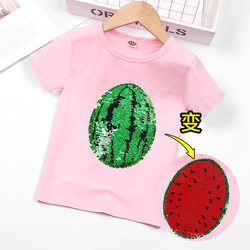 Boys and Girls Short-Sleeved T-Shirts, Summer Pure Cotton Kidsren's Sequined Strawberry Cartoon Watermelon Tops, Color-Changing Popular Interesting Clothes