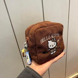 Portable autumn and winter corduroy HelloKitty embroidered makeup bag high-value lipstick certificate wallet storage bag