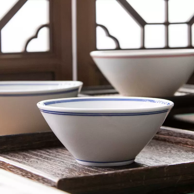中式斗笠碗釉下彩陶瓷蓝边红边圆形牛肉拉面碗汤碗喇叭碗商用餐具-Taobao