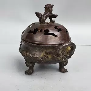 AM655 明宣徳 老銅獸面双耳三足炉・銅香炉☆