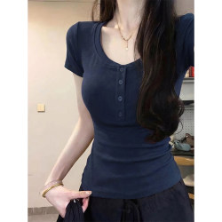 Navy Blue V-Neck Button-Up Short-Sleeve Top for Women, American Style, Slim Fit, Waist-Cinching T-Shirt, Slimming, Suitable for Early Summer Wear