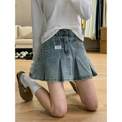 Light-Colored Pleated Denim Short Skirt for Women, New Summer Style, Plus Size, High-Waisted, Slimming, Pear-Shaped Body, A-Line Skirt