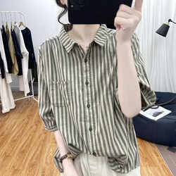 Plus Size Pure Cotton Polo Collar Shirt for Women 2026 Summer New Style Age-Reducing Loose Slimming Top Stripesd Short-Sleeved Shirt
