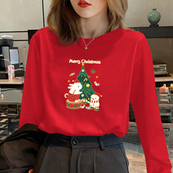 Christmas Top Red Long-Sleeved T-Shirt for Women Christmas Tree Print Loose Holiday Atmosphere Christmas Eve T-Shirt